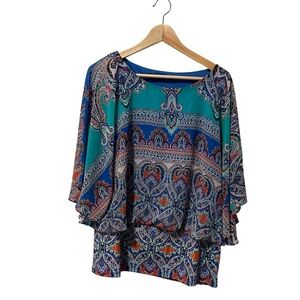 Adresing  Woman Paisley Print Batwing Sleeve Blouse Top Size L